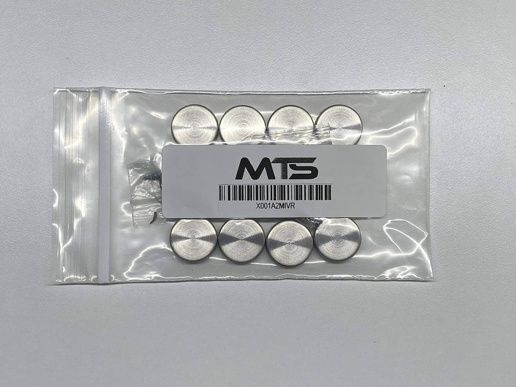 Packaged set of stainless steel screw cover caps in clear plastic pouch