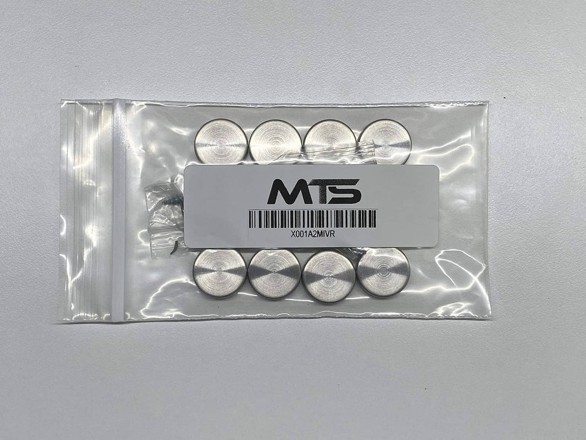 Packaged set of stainless steel screw cover caps in clear plastic pouch