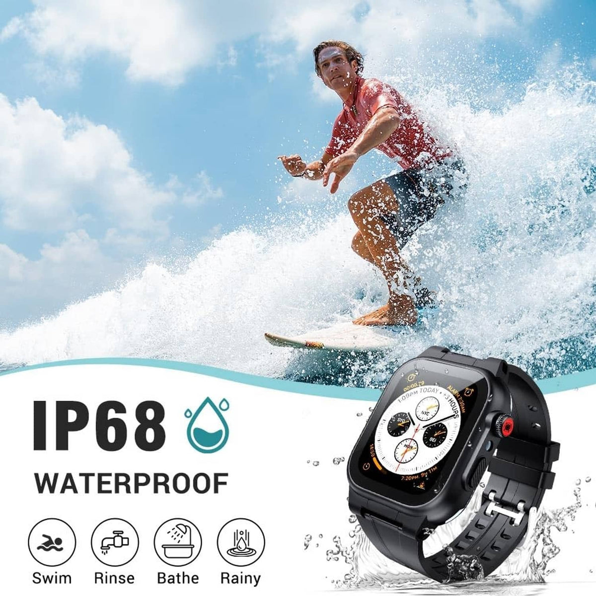Black IP68 waterproof smartwatch case with rubber strap for swimming and rinsing