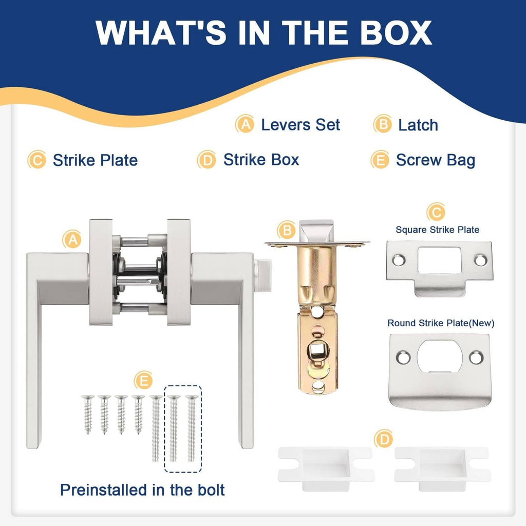 Door handle hardware kit: latch, strike plate, strike box, strike plates, and screw bag.