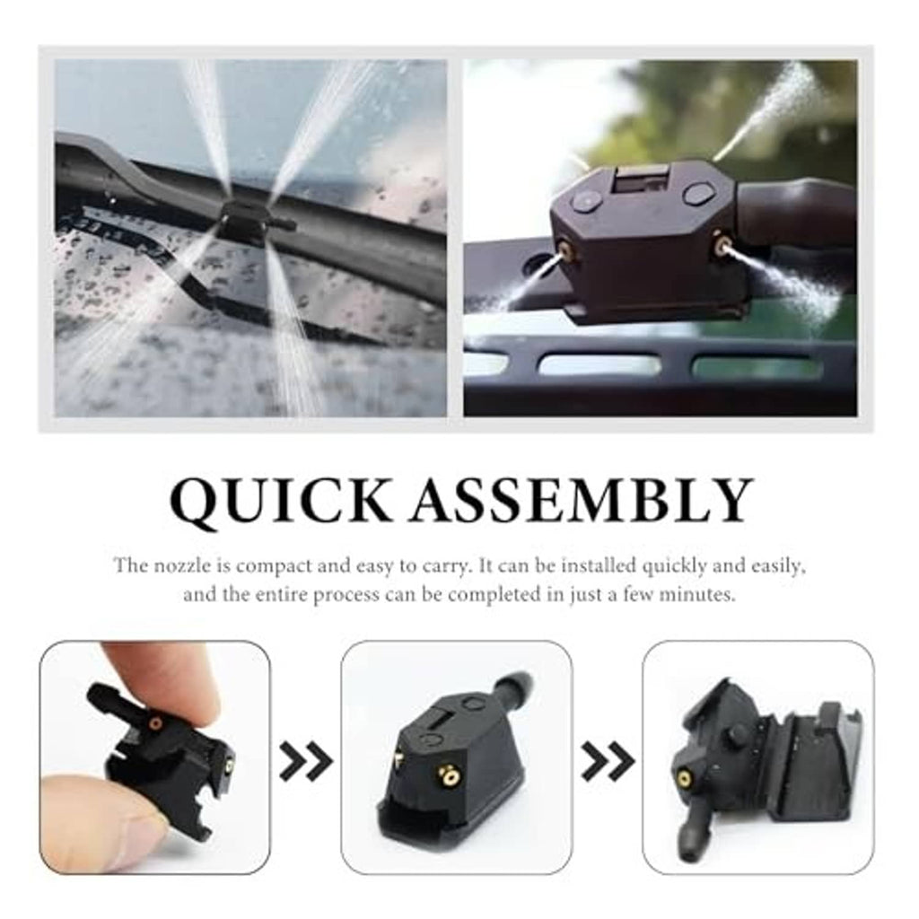 Compact black windshield washer nozzles with quick-assembly mounting pieces