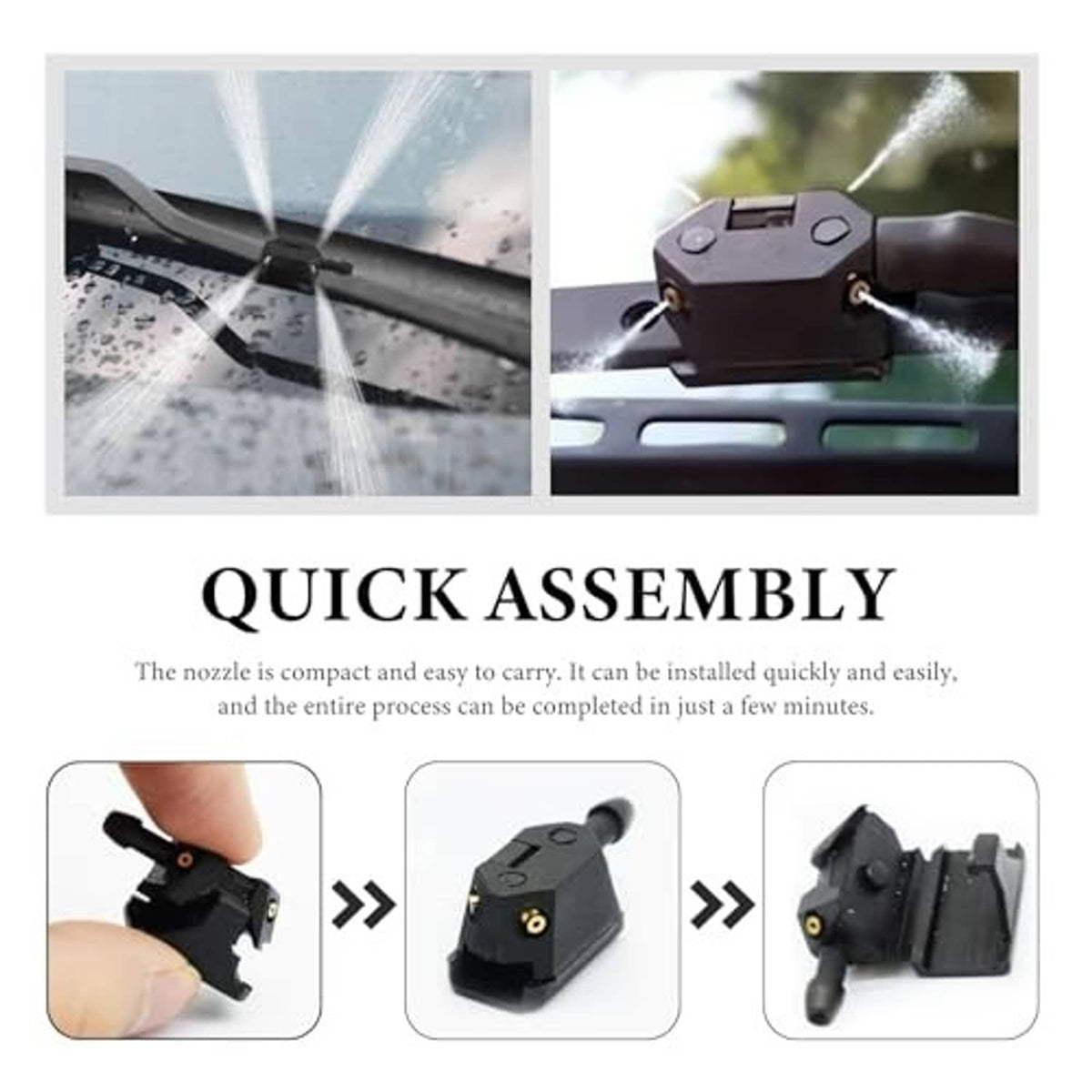 Compact black windshield washer nozzles with quick-assembly mounting pieces