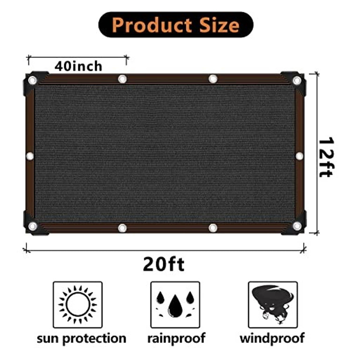 Rectangular shade cloth mesh tarp with grommets, 20ft x 12ft size diagram