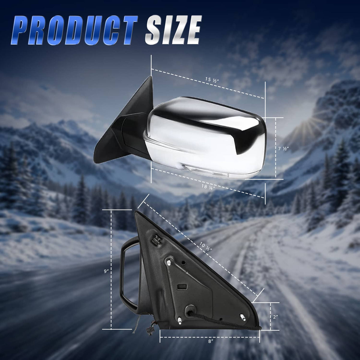 Side mirror with chrome housing and mounting plate, with size guide