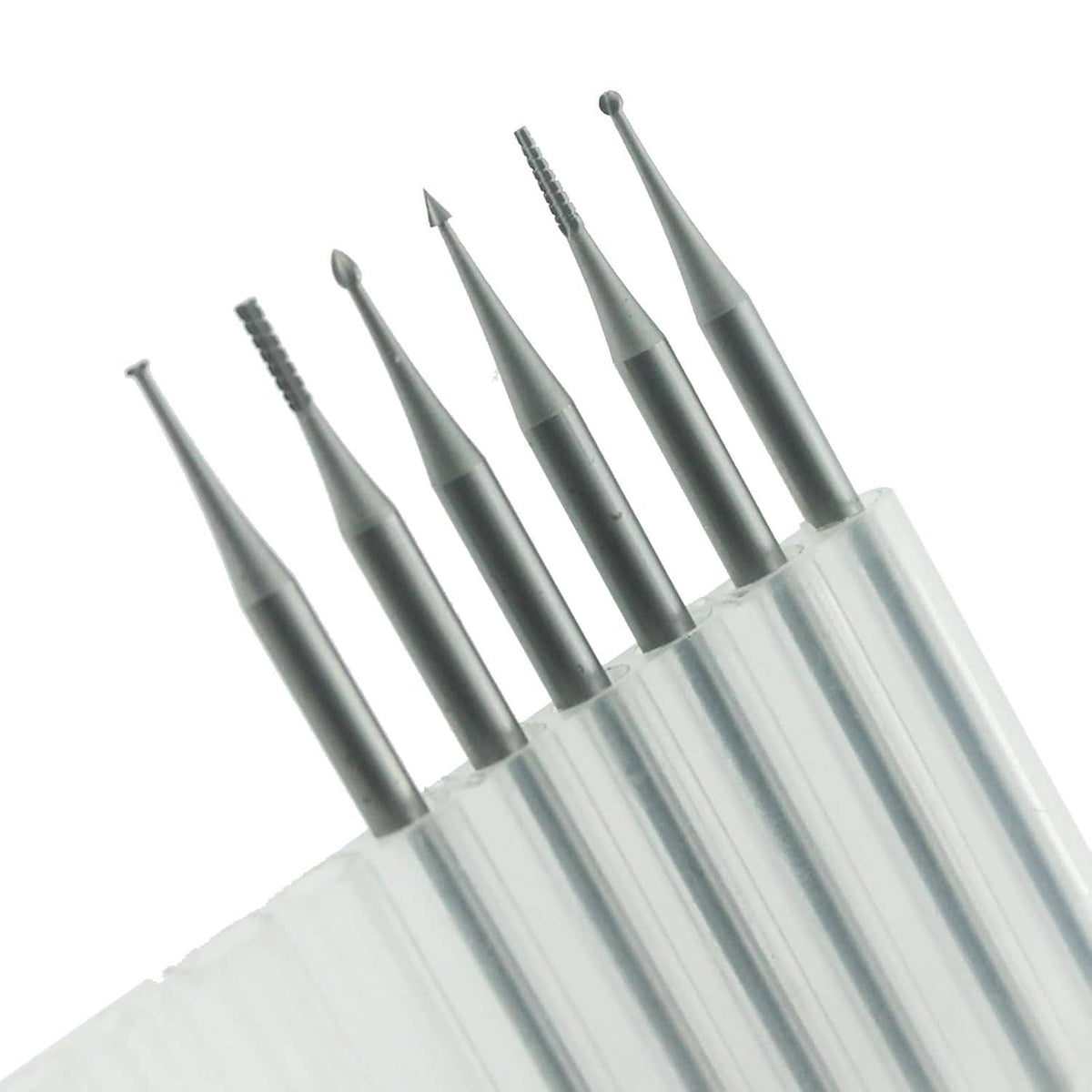6-piece tungsten engraving router bits, multiple tip shapes visible in clear holder