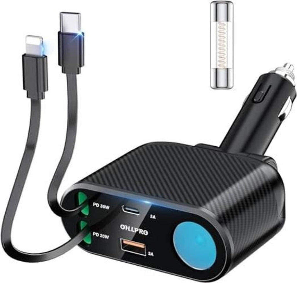 Retractable car charger adapter with carbon-fiber finish, blue power ring, and dual USB connectors