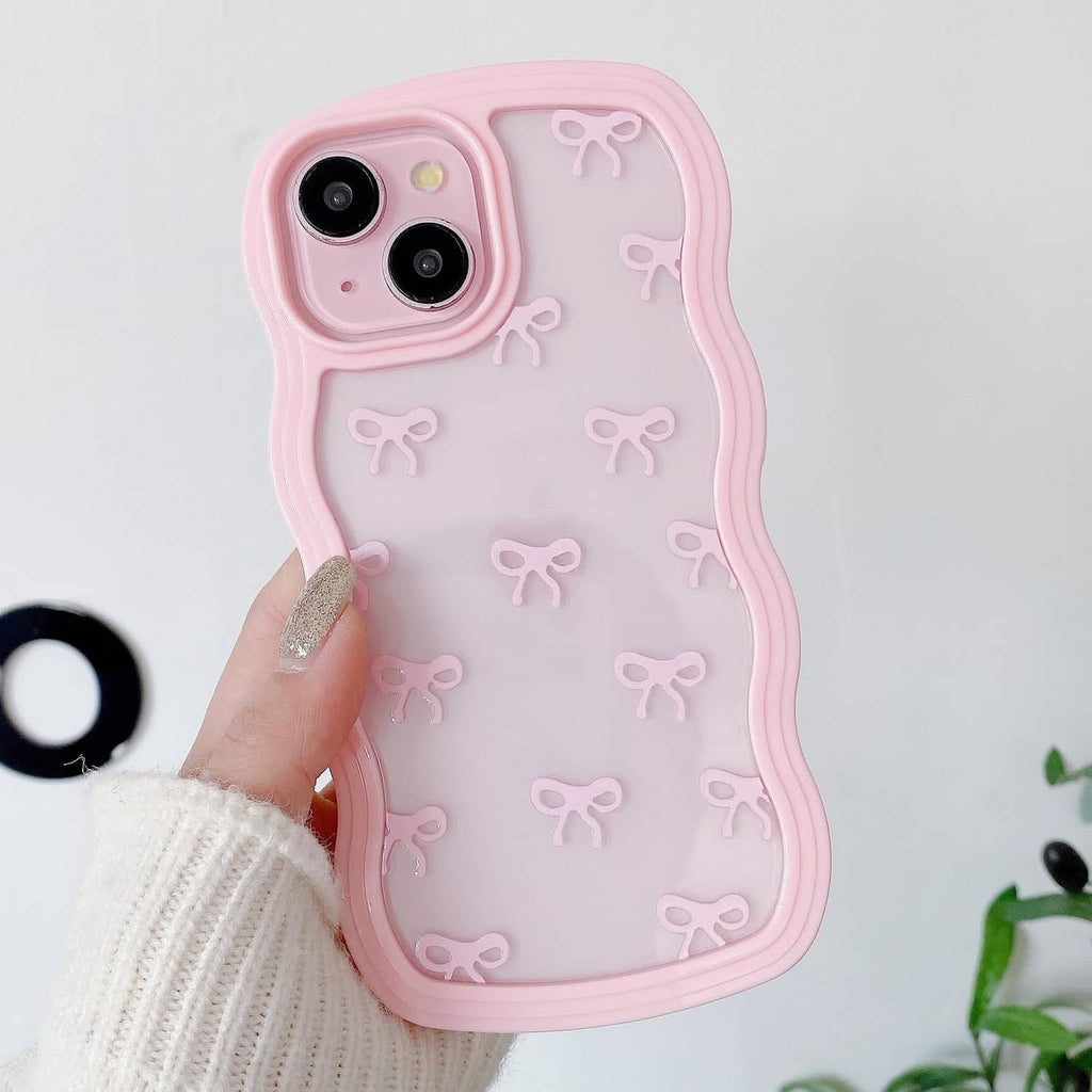 Pink clear iPhone case with repeating bow pattern and raised dual camera cutouts.
