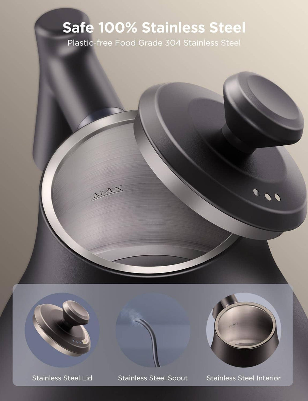 Black electric kettle with stainless steel lid, spout, and interior shown
