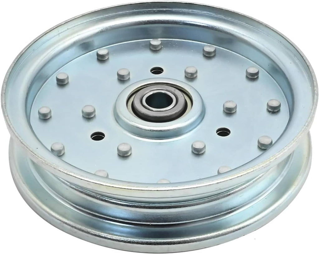 Idler pulley wheel with central bearing, bolt heads around the perimeter, silver steel