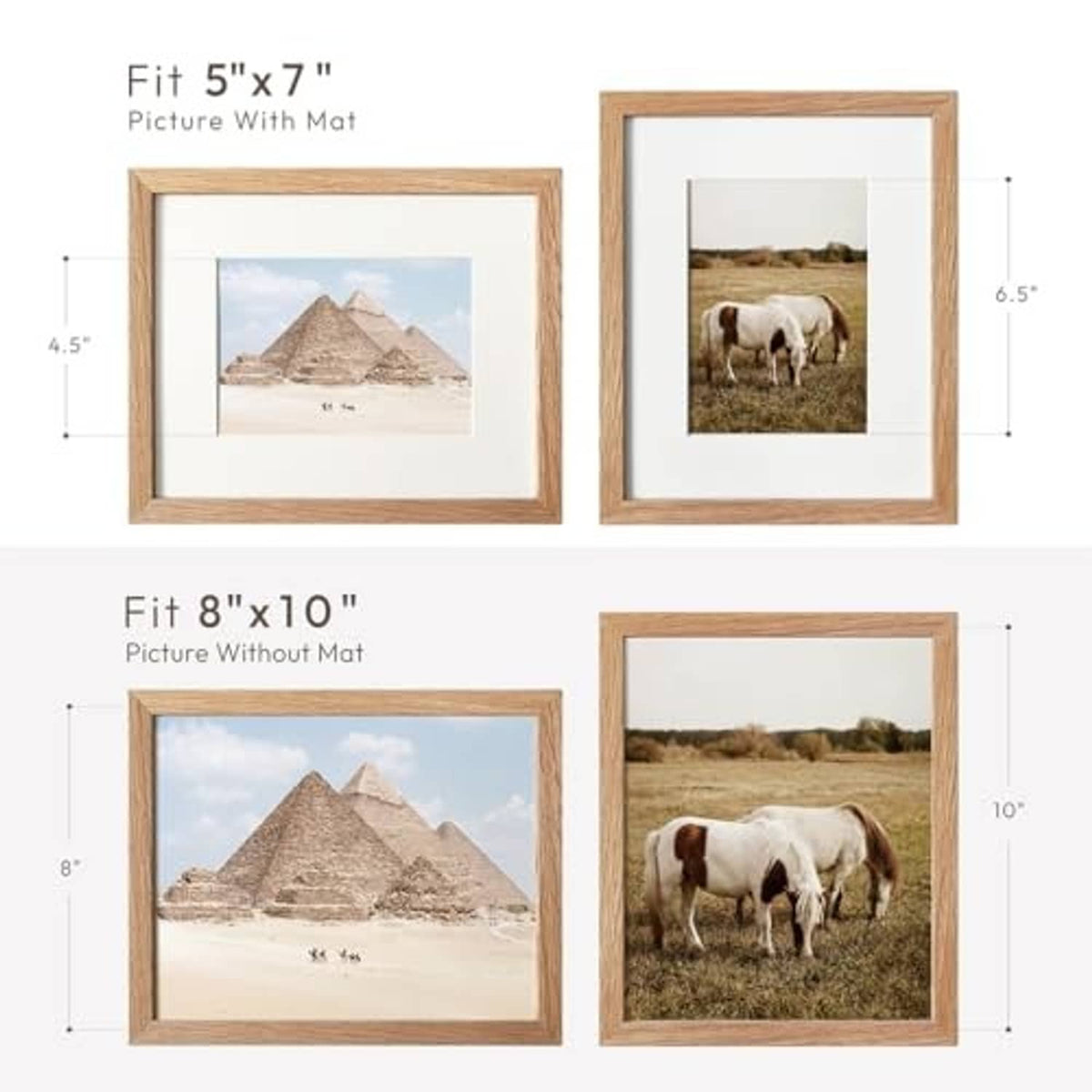 Two natural oak picture frames showing 8x10 and 5x7 size options