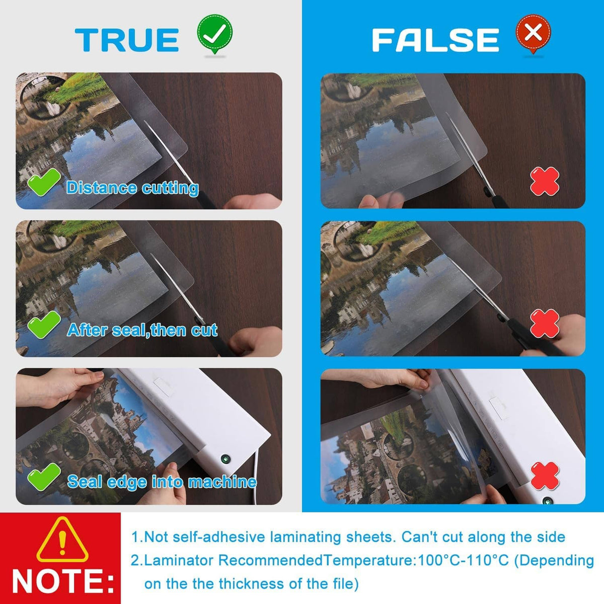 Guidance for sealing and cutting: true distance cutting on a laminating sheet