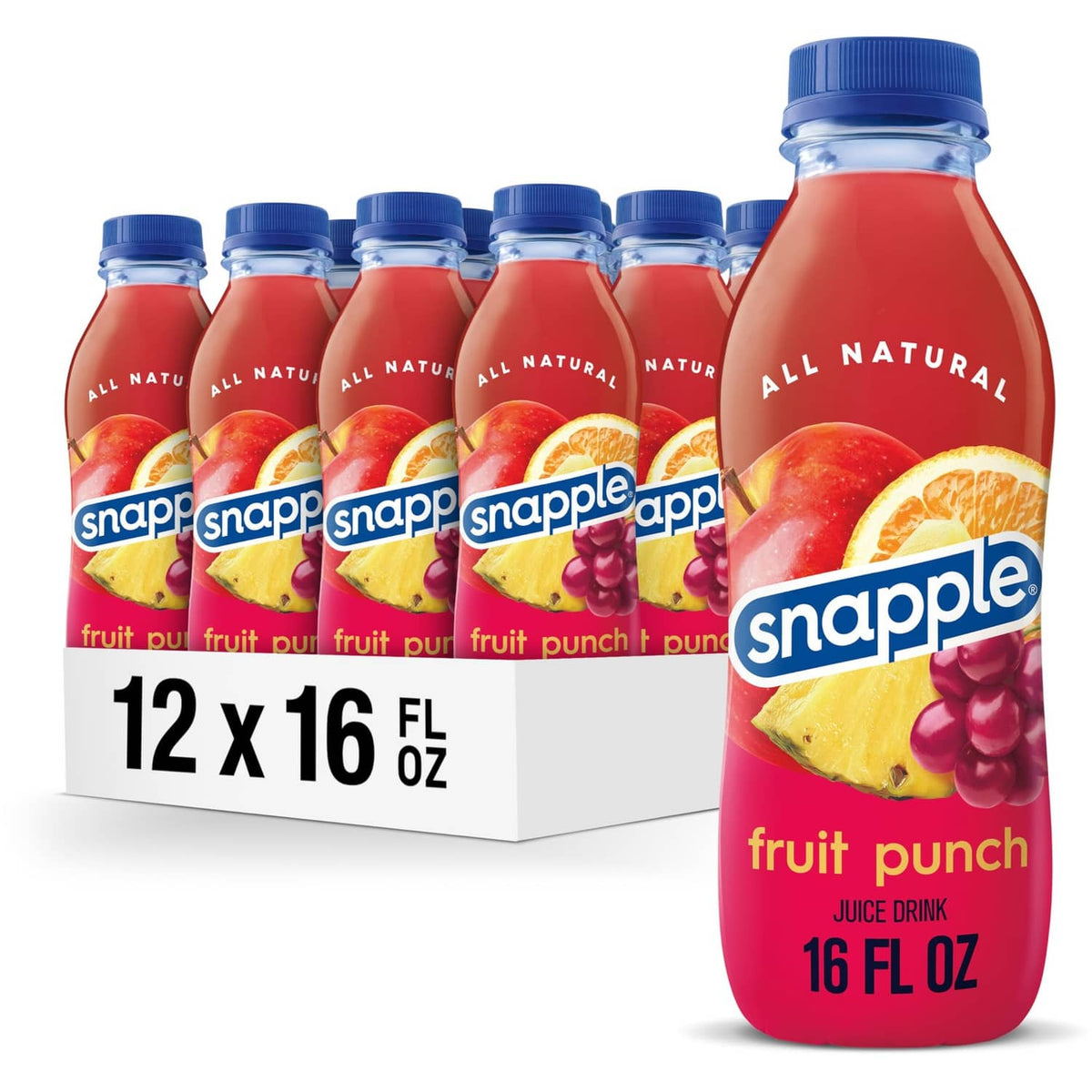 Snapple fruit punch juice drink bottle, 16 fl oz, blue cap; front label