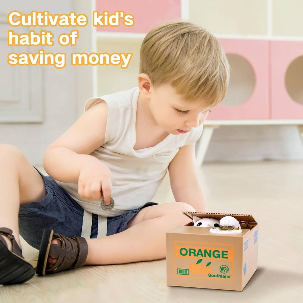Orange cat piggy bank coin box with white kitten head on coin plate, front view.
