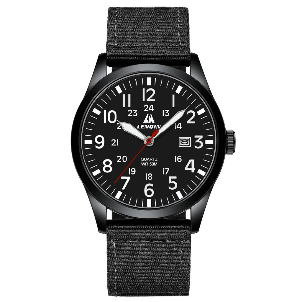 Black round military sport watch with black nylon strap and black dial