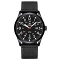 Black round military sport watch with black nylon strap and black dial