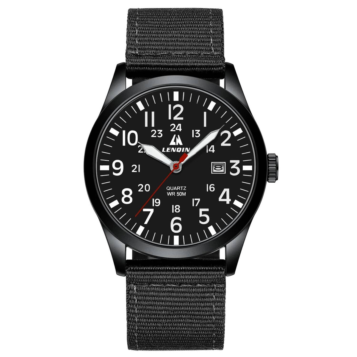 Black round military sport watch with black nylon strap and black dial