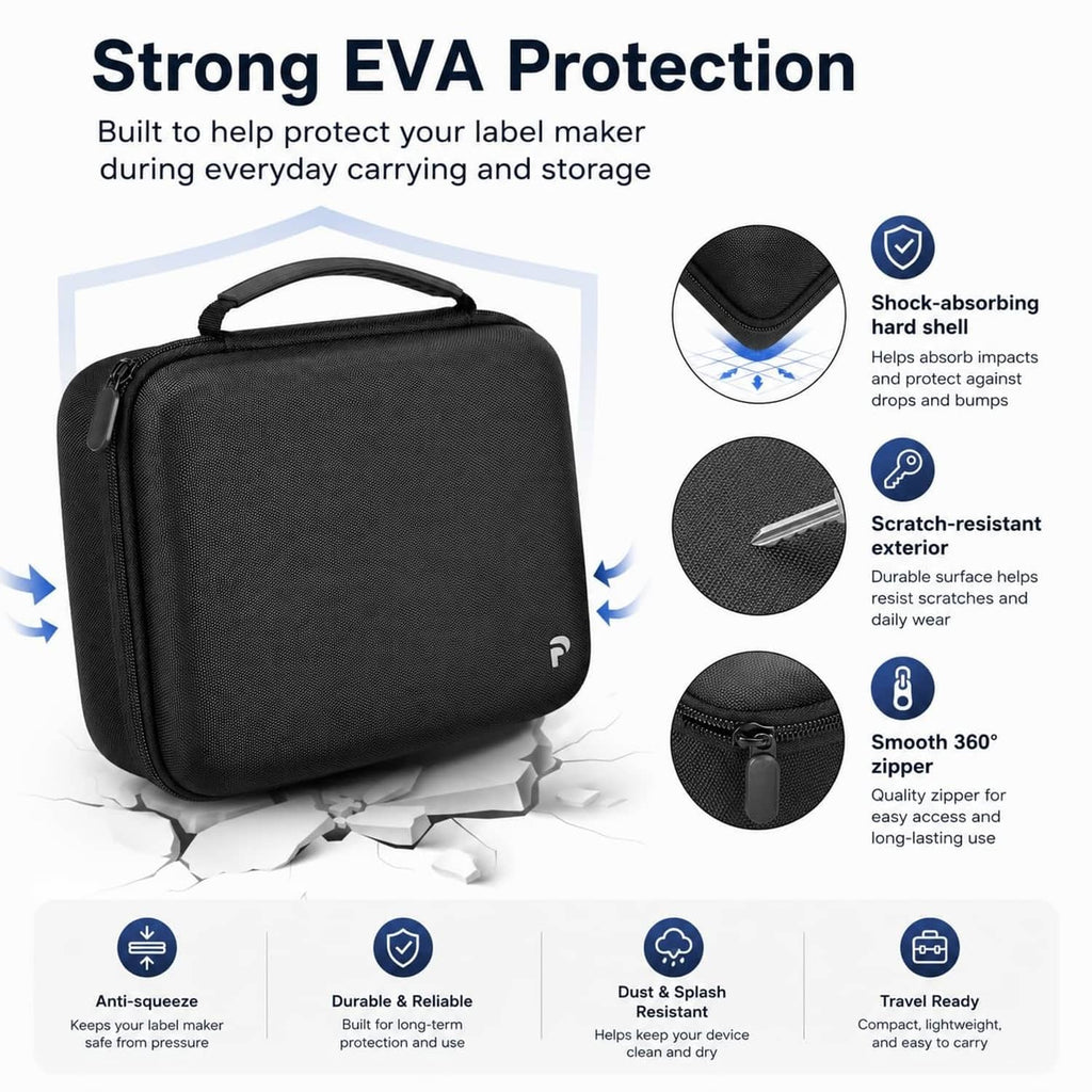 Black EVA label maker travel case with textured exterior and smooth 360° zipper