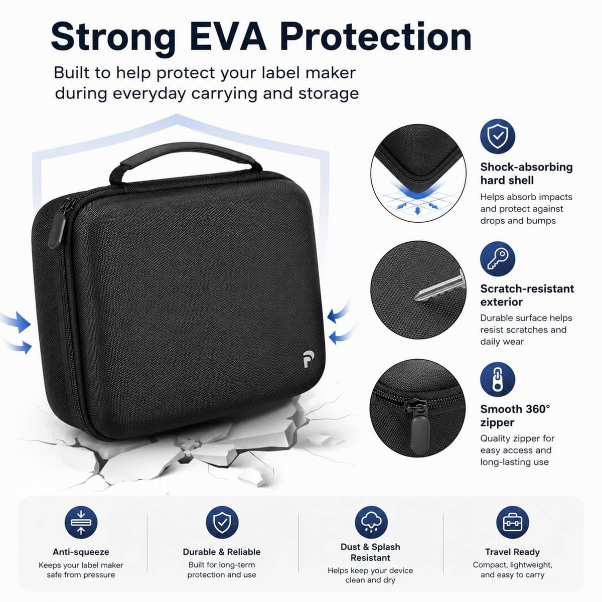 Black EVA label maker travel case with textured exterior and smooth 360° zipper