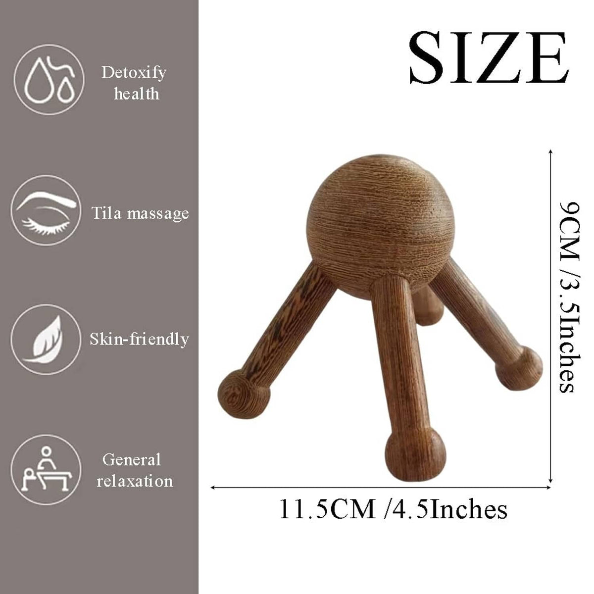 Brown 5-legged wooden massage tool, compact trigger-point shape with five rounded arms.