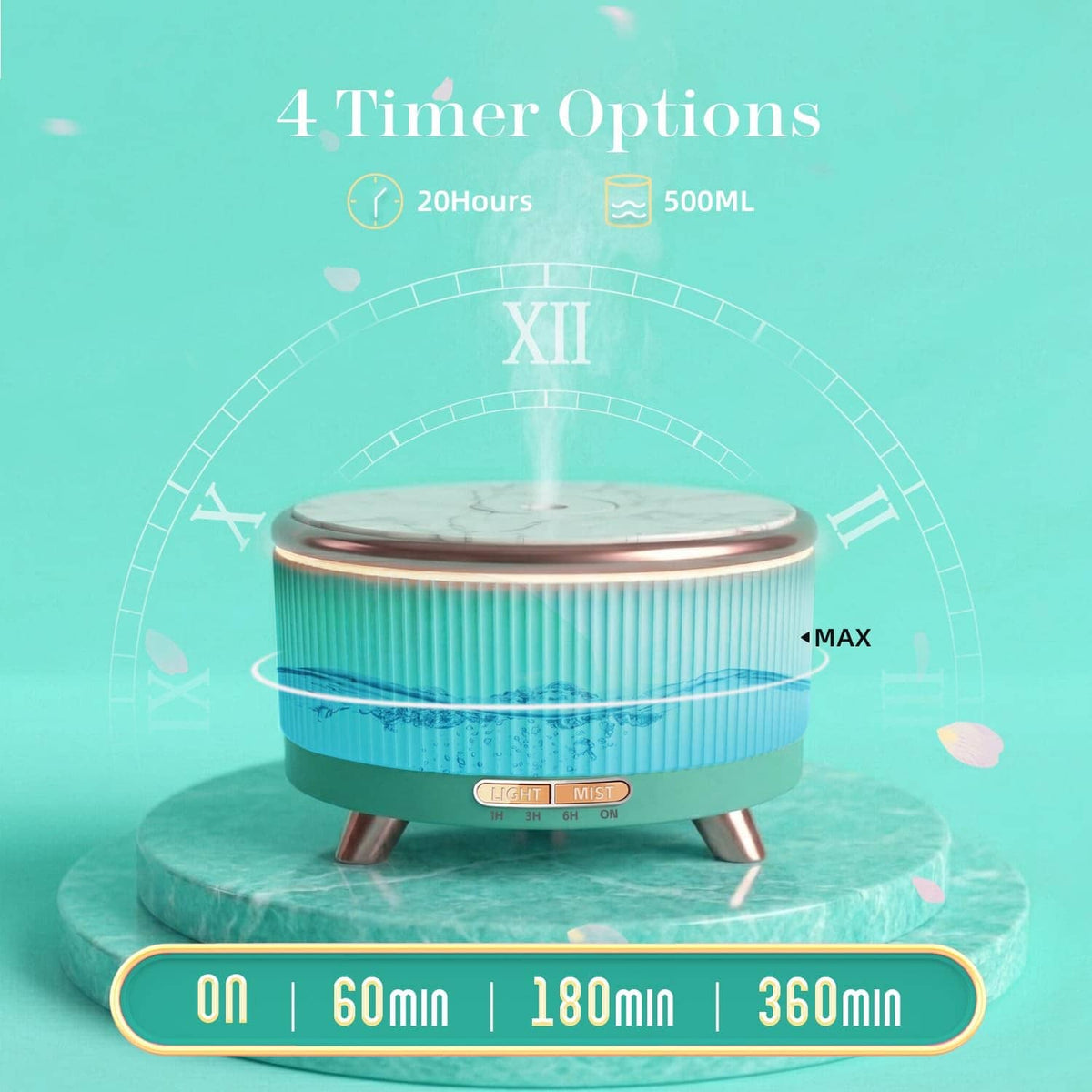 Emerald aqua diffuser with mist and timer settings shown, copper feet visible