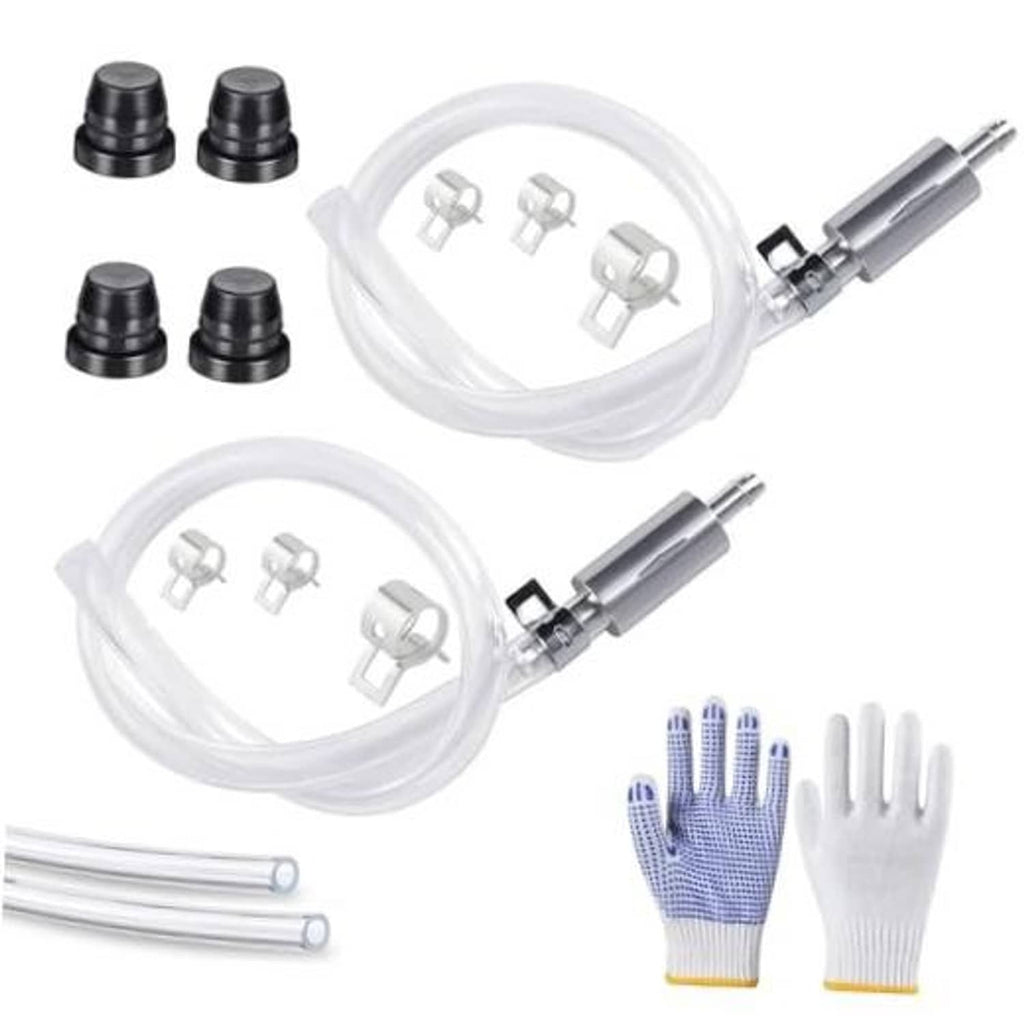 Brake bleeder hose kit with one-way check valve, clamps, and blue-and-white gloves