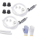 Brake bleeder hose kit with one-way check valve, clamps, and blue-and-white gloves