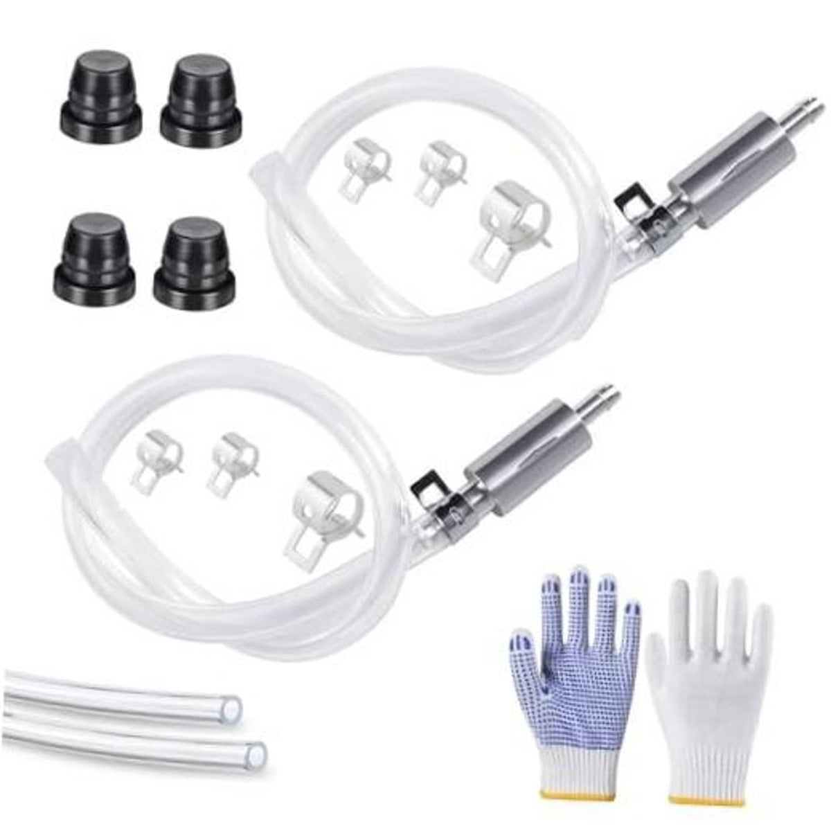 Brake bleeder hose kit with one-way check valve, clamps, and blue-and-white gloves