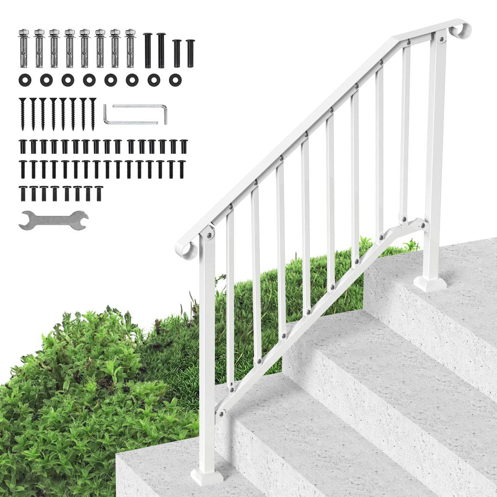 White outdoor stair handrail kit with vertical balusters and arched top rail