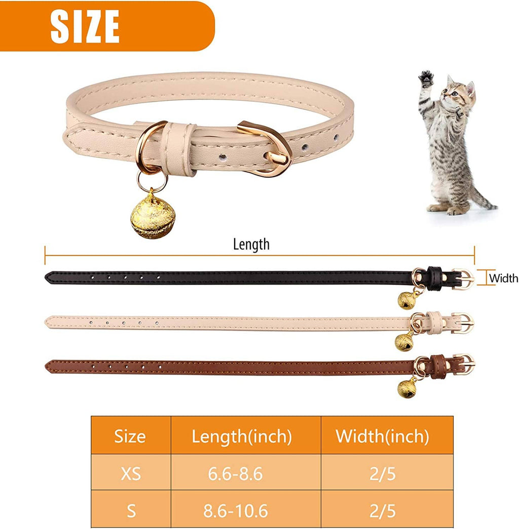 Three leather cat collars (black, tan, brown) shown with length and width sizing