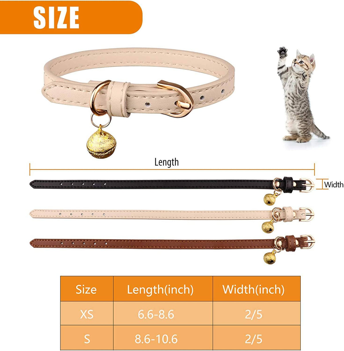 Three leather cat collars (black, tan, brown) shown with length and width sizing