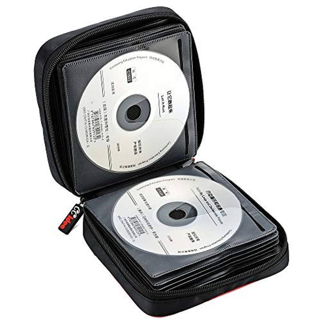 Black CD/DVD storage case open with two disc faces in individual sleeves