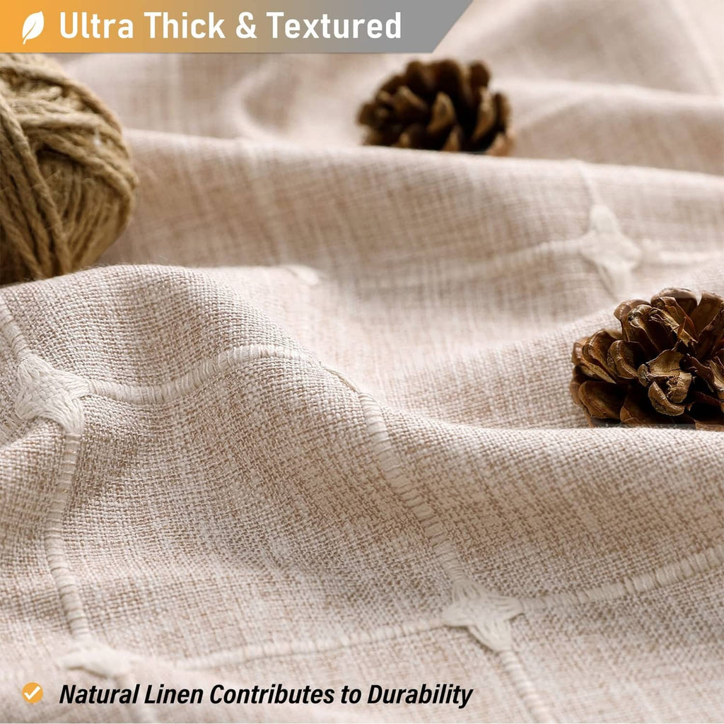 Taupe linen-look shower curtain fabric with subtle woven texture, close-up