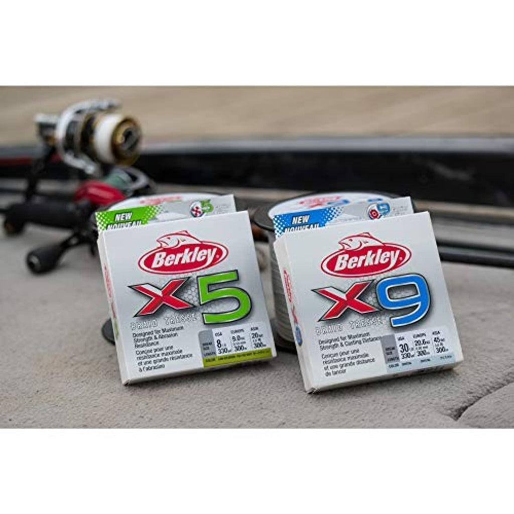 Berkley X5 and X9 braided fishing line boxes on boat deck