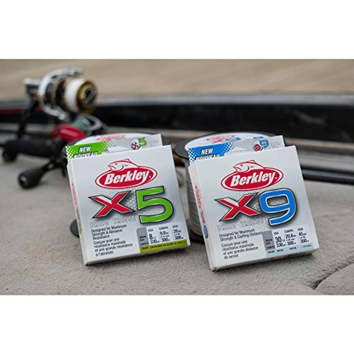 Berkley X5 and X9 braided fishing line boxes on boat deck