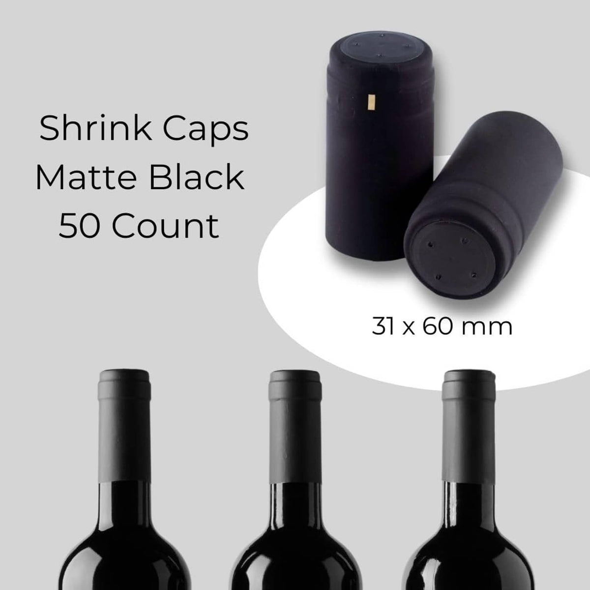 Matte black shrink caps (31 x 60 mm), one upright and one lying down