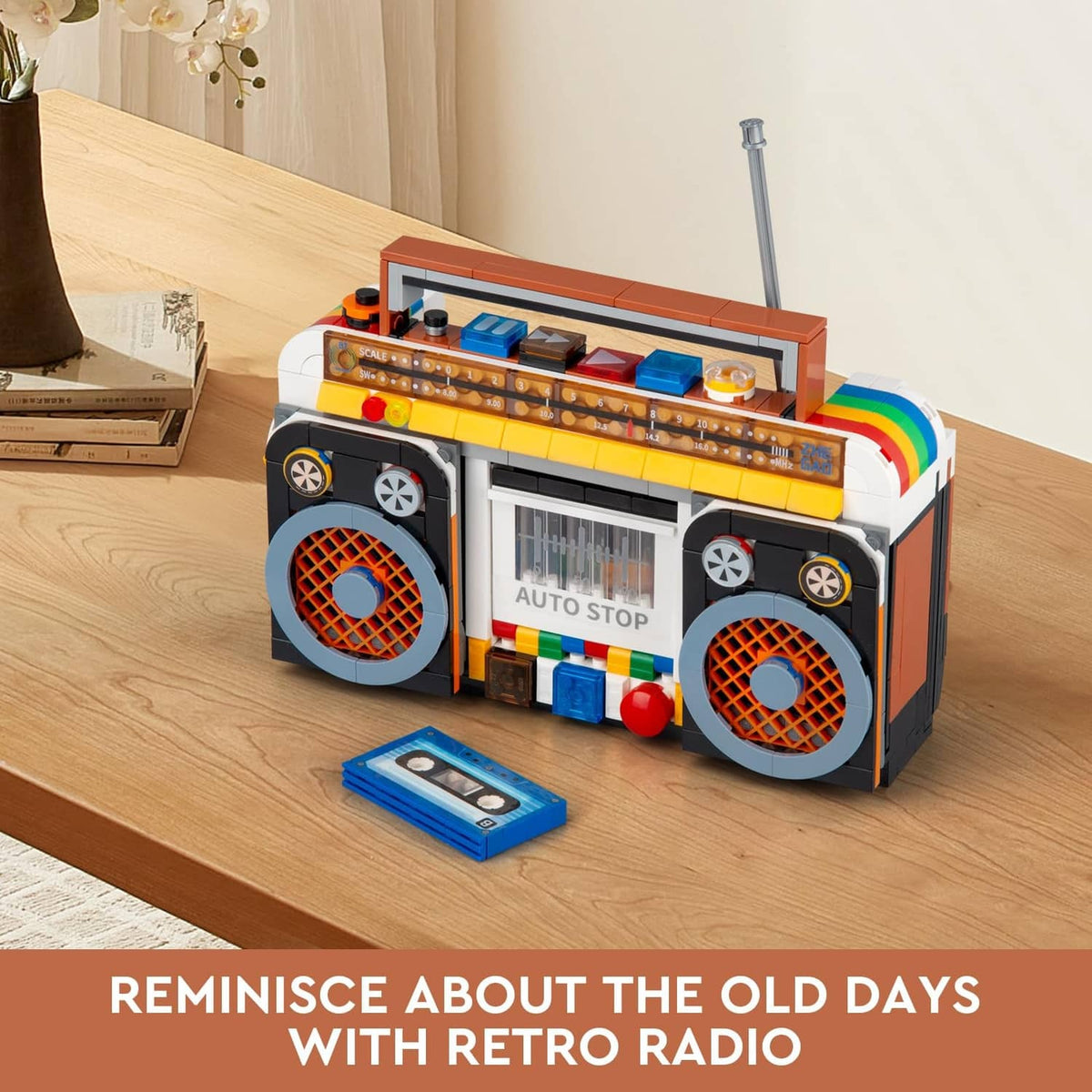Retro radio building blocks on a tabletop with antenna, speaker grilles, and open front details
