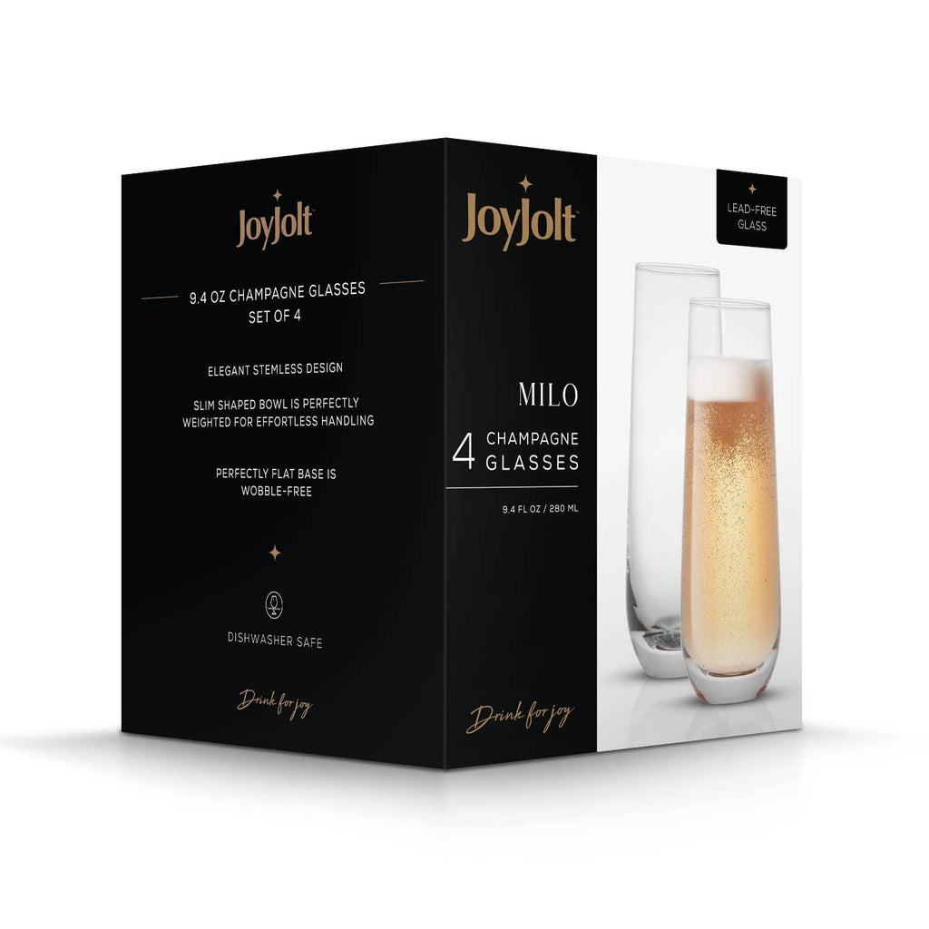 JoyJolt Milo boxed set of 4 stemless champagne flutes, lead-free glass