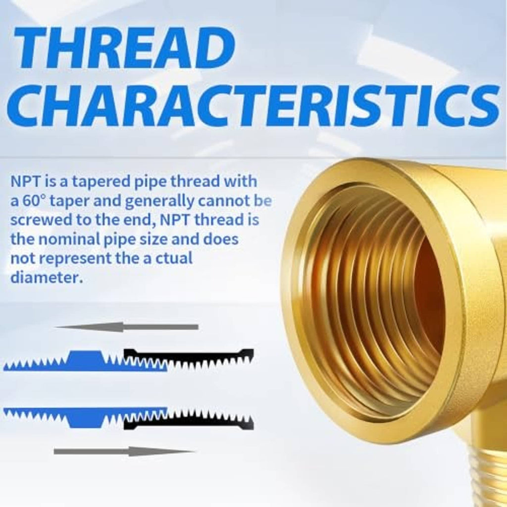 Brass female NPT elbow fitting, tapered pipe thread close-up