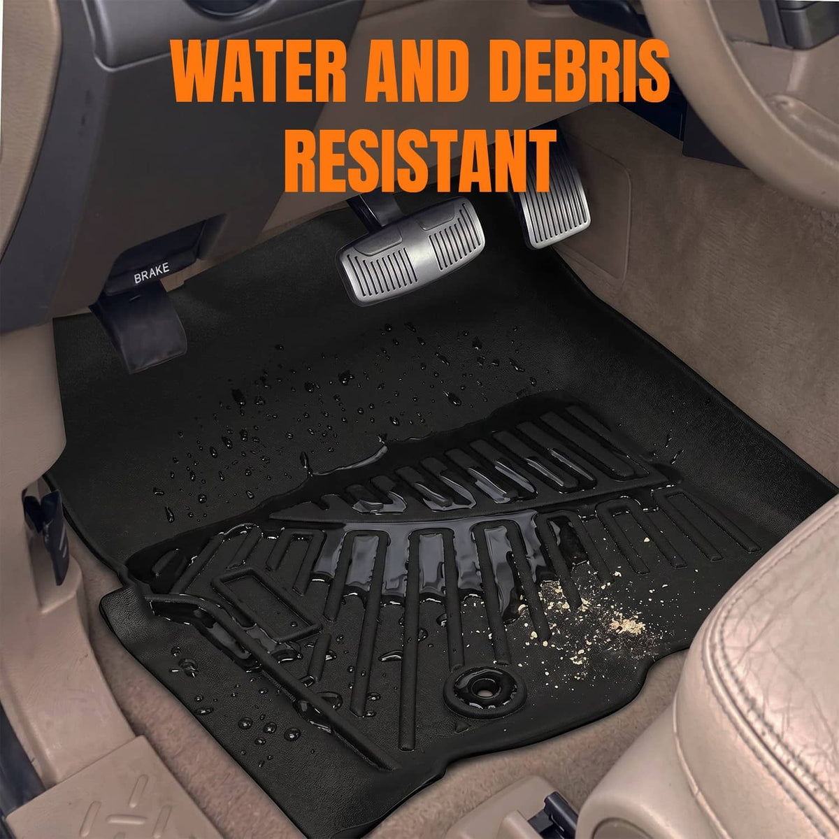 Black TPE floor mat with raised grip texture and ridges in vehicle footwell