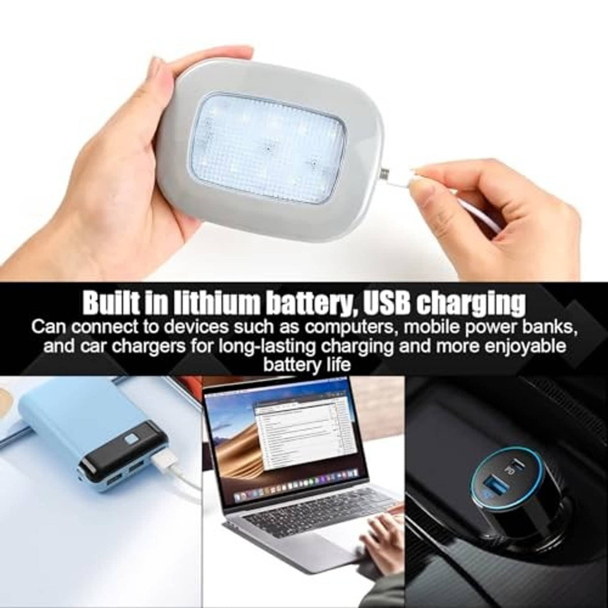 Beige wireless LED dome light held in hands with USB charging cable