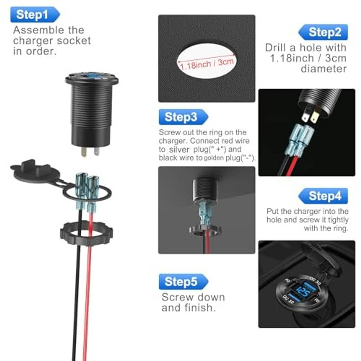 Car charger installation steps showing black socket, wiring, and round base