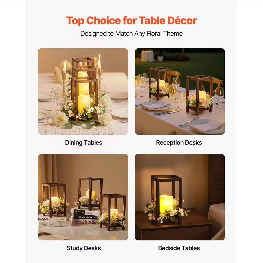 Brown wooden candle lanterns used as table decor, styled with lit candles and florals