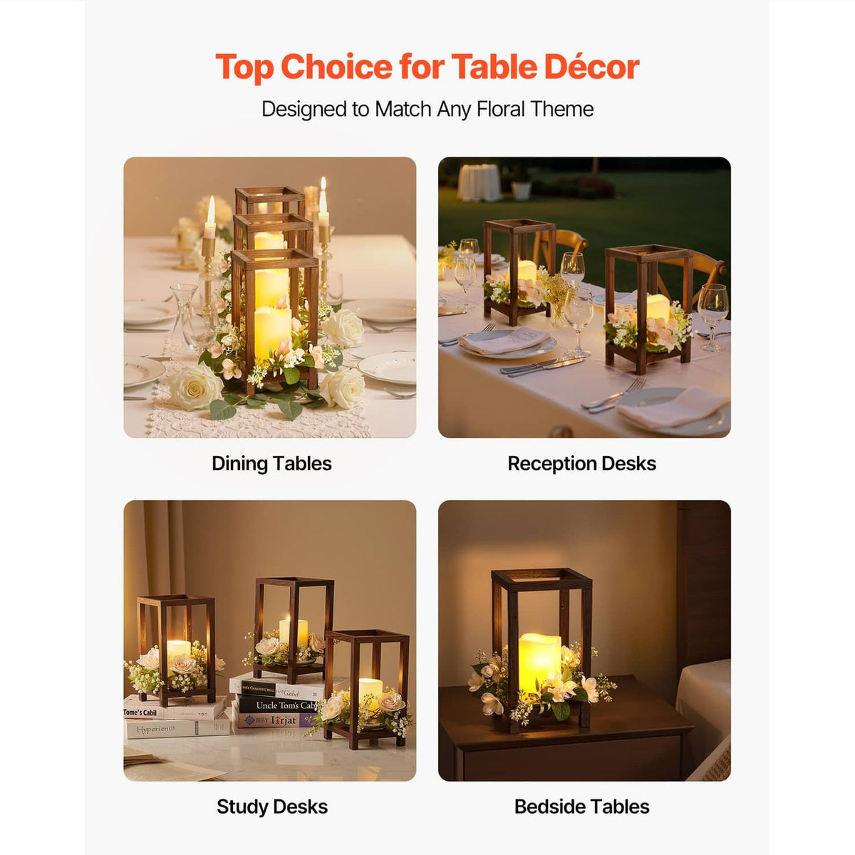 Brown wooden candle lanterns used as table decor, styled with lit candles and florals