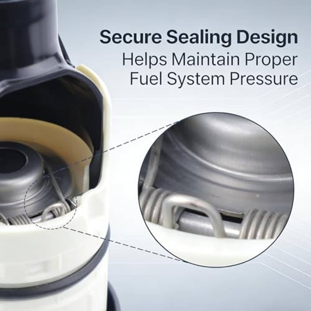 Fuel tank cap showing off-white housing, black rim, and internal metal insert