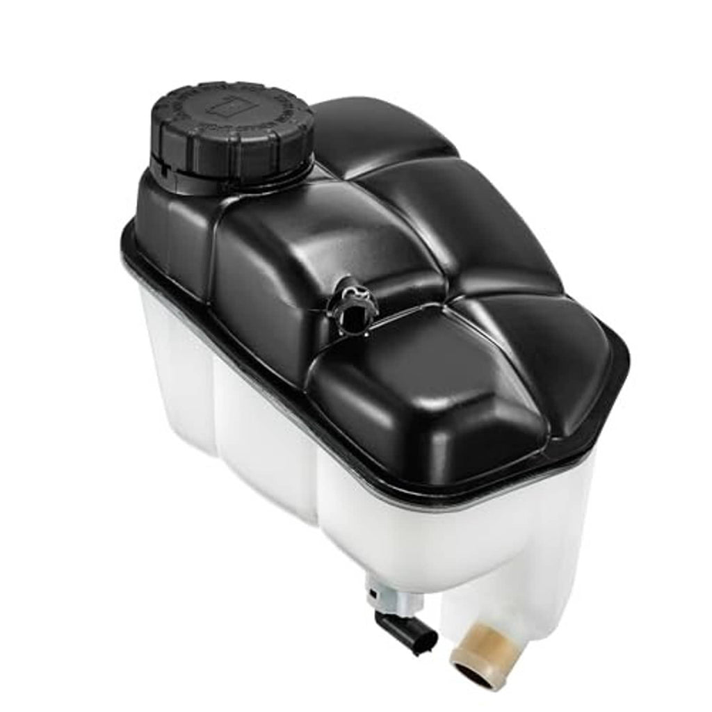 Engine coolant overflow reservoir with black cap, white body, and side outlet