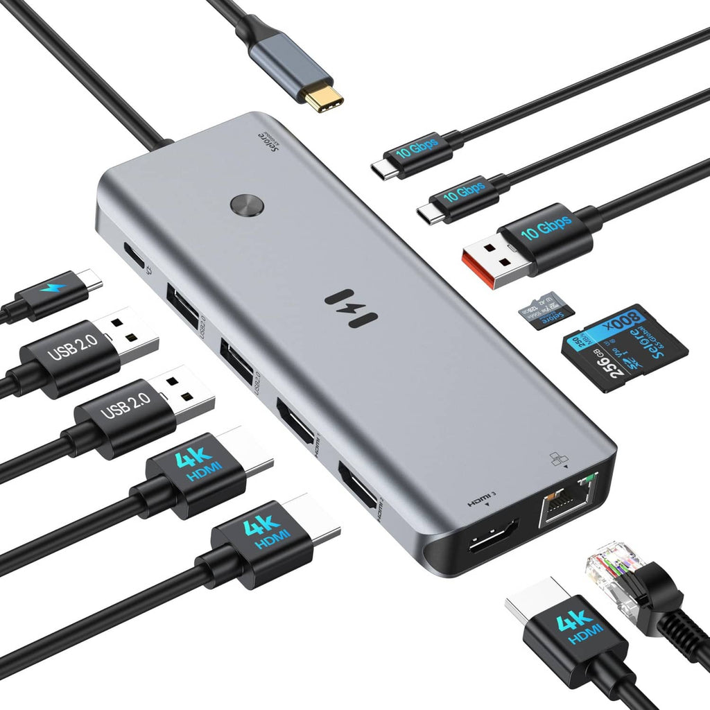 Space gray USB-C docking station with multiple connected cables and HDMI ports