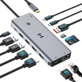 Space gray USB-C docking station with multiple connected cables and HDMI ports