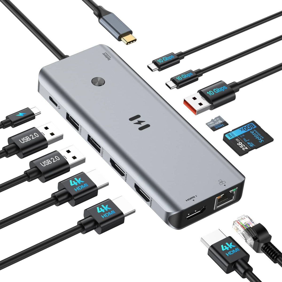 Space gray USB-C docking station with multiple connected cables and HDMI ports