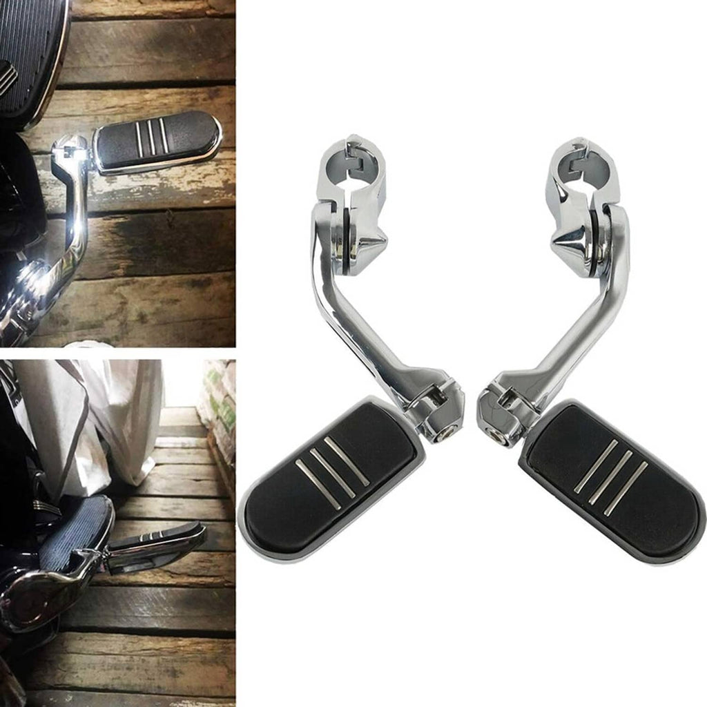 Chrome motorcycle highway foot pegs with black rubber pads and three horizontal grooves