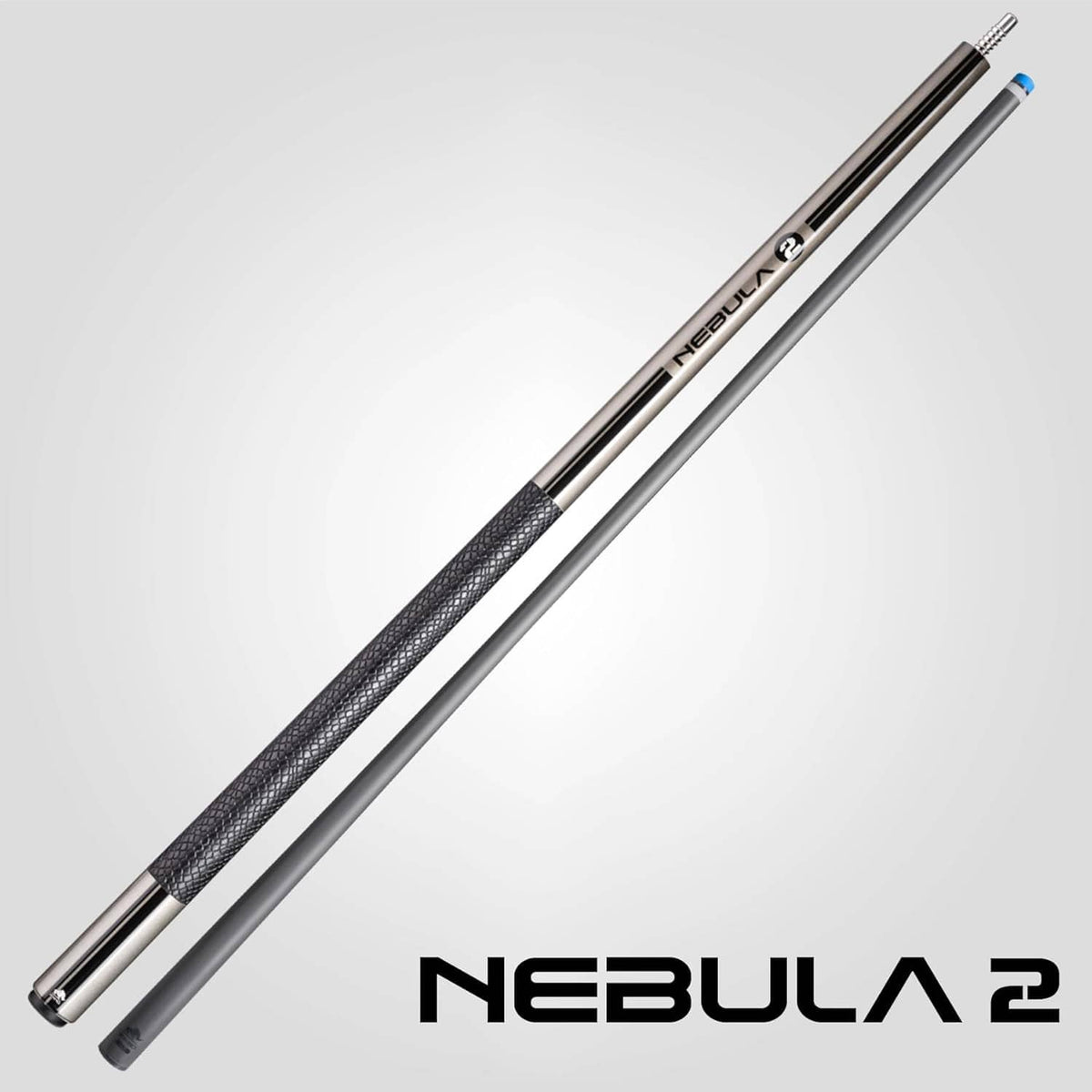 Full-length pool cue with textured black wrap and silver shaft, tip visible at each end.